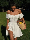 ADVBRIDGE  -  White Waist Lace-up Mini Dress Women Drawstring Off Shoulder Puff Sleeve A-line Dresses Summer Simple Casual Fashion Vestidos