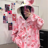 Advbridge American Trendy Hello Kitty Camo Star Print Hooded Embroidered Hoodie for Women Loose Fitting Casual Zippered Coat Clothes