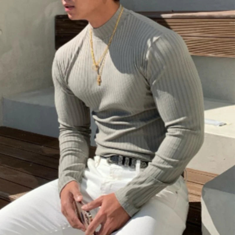 Advbridge Men Clothing Casual High Elastic Basic Tops Gym Male Fashion Long Sleeve Striped Pullovers Streetwear Turtleneck Shirts Tees