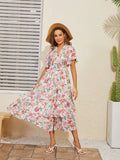 Advbridge Sexy V Neck Beach Dress Woman Bodycon Short Sleeve Maxi Dress Elegant Pleated Pink Floral Long Summer Dresses For Women 2024