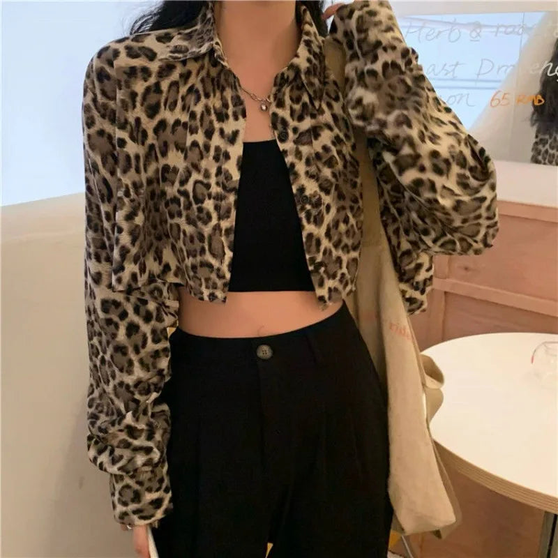 Advbridge Leopard Print Cropped Shirt Woman Y2k Vintage Long Sleeve Blouse Korean Harajuku Fashion Cardigan Spring Gothic Streetwear