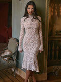 Advbridge Lace Long Sleeve Sexy Midi Dress For Women Elegant White Half High Collar High Waist Bodycon Club Party Sexy Long Dress