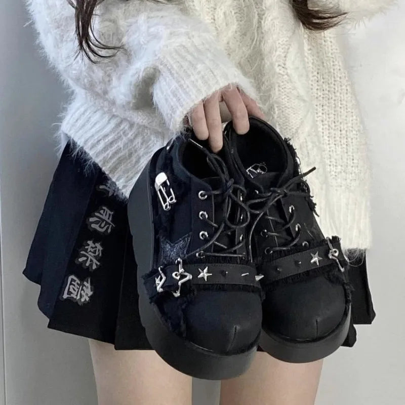 Advbridge 2024 New Y2K Star Print Chunky Platform Ankle Boots Women Metal Chain Blue Denim Boots Woman Cute Thick Bottom Jk Lolita Shoes