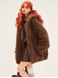 Advbridge -Kawaii Faux Fur Hoodie with Bear Ears for Women, Fluffy Sherpa Jacket, Oversized, Brown, Warm, Fuzzy, Sweet, Cute, Winte