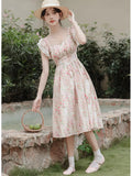 ADVBRIDGE  -  Women's Pink Sweet Dress Summer French Romantic Fairy Dresses for Elegant Square Collar Lace Printed Retro Vestidos be mujer