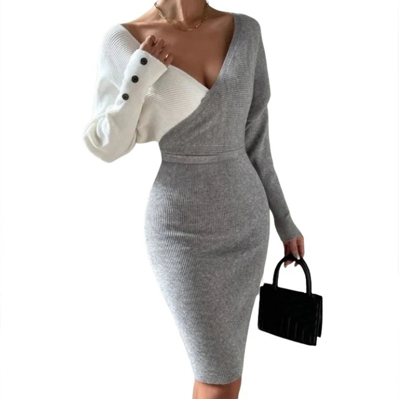 Advbridge Elegant Contrasting Colors Wrap Hip Knitting Dress Autumn Winter High Waist Mid Dress Lady V Neck Long Sleeve Commute Slim Dress