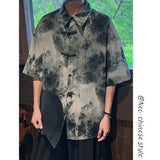 ADVBRIDGE  -  Mens Chinese Traditional Mountain Painting Printed Tang Shirts Frog Button Down Kong Fu Short Sleeve Summer Clothing Male XXXXXL