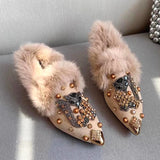 Advbridge New Rabbit Fur Pearl Multi Cystal Cherry Fox Flats Loafers Crystal Studs pointy toe Winter Fur Causal Shoes Woman Footwear