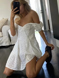 Advbridge White lace embriodery summer beach dress women elegant hollow out lace up short dress off shoulder puff sleeve sheer dress 2024