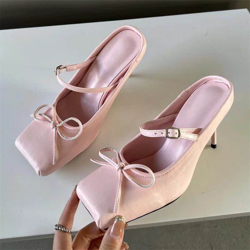 Advbridge Spring Bowknot Square Toe Women Slippers Sexy Buckle Strap Thin High Heels Prom Mule Pumps Shoes Zapatos De Mujer