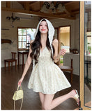 ADVBRIDGE  -  French Style Sweet Mini Dresses Women Apricot Lace Halter V-neck Elegant Party Dress Summer Pink Print Retro Vestido Kawaii Lady