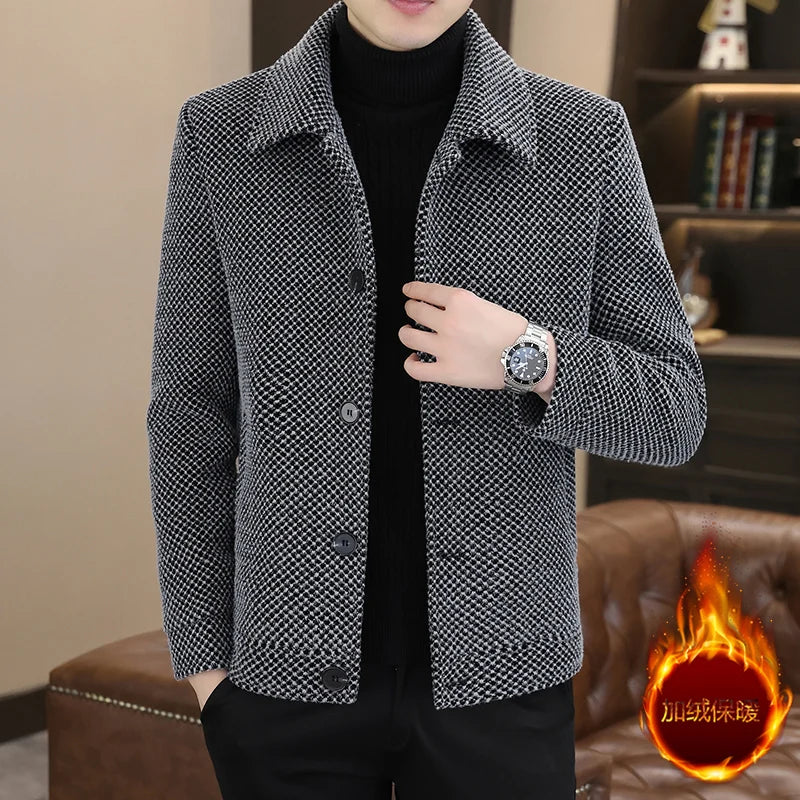 Advbridge Korean Winter Woolen Jacket Men Plush and Warm Short Trench Coat Plaid Casual Business Streetwear Overcoat Social Men Clothing