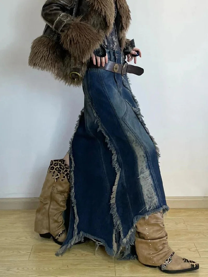 Advbridge Women Denim Skirt Y2k Emo 2000s Clothes Long Skirt Harajuku Korean 90s Fashion Vintage Gradient A-line Jean Skirt Grunge Clothes