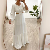 Advbridge Women Simple Solid Color Long Sleeve Dress Elegant O Neck Big Hem Pleated Dress Fashion High Waist Hollow Backless Lace-up Dress