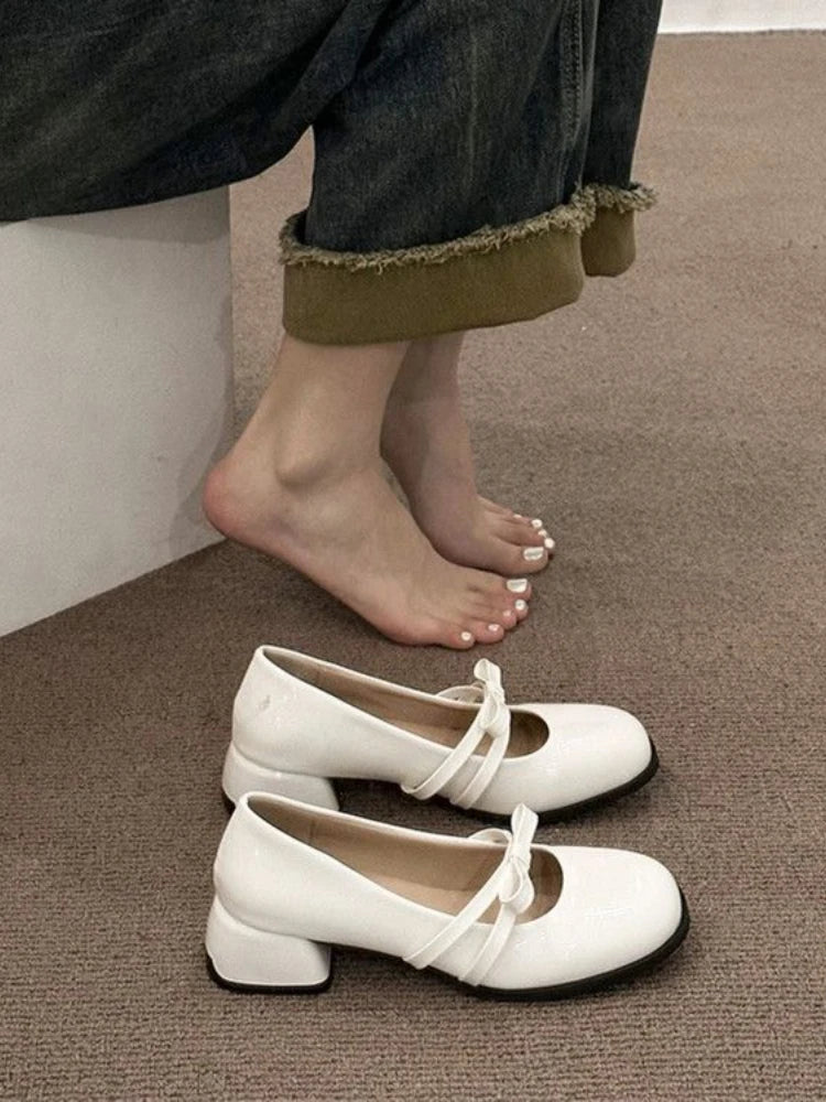 Advbridge British Style Shallow-cut Single Shoes Women Summer New Mid-heel Leather Shoes Female Round Head Mary Jane High Heels Shoes
