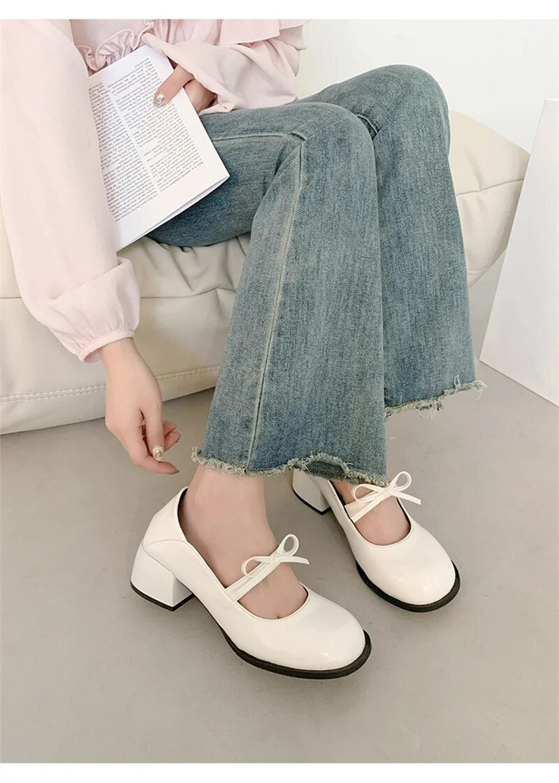 Advbridge Elegant Mary Jane Pumps Woman High Heels Shoes Leather Casual Shoes Women Square Heeled Shoes Ladies Sweet Style Lolita Shoes
