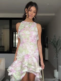 ADVBRIDGE  -  Spring Chic Women Layered Ruffles Floral Printed Robes Elegant O-neck Sleeveless Slim Long Dress Summer Chic Lady Vacation Wear