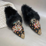 Advbridge New Rabbit Fur Pearl Multi Cystal Cherry Fox Flats Loafers Crystal Studs pointy toe Winter Fur Causal Shoes Woman Footwear