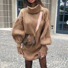 Advbridge Fashion Turtleneck Solid Color Knitted Sweater Winter Casual Lantern Sleeve Loose Sweater New High Street Pullover Sweater Dress