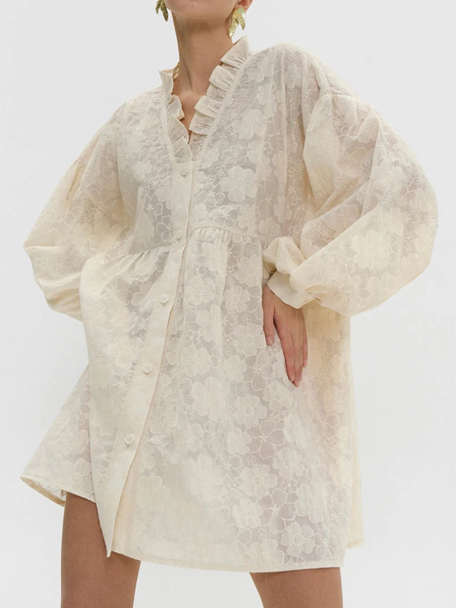 ADVBRIDGE  -  Flower Embroidery Mini Dress Women Ruffle V Neck Single Breasted Long Sleeve Dresses Summer Elegant Casual Loose A-line Vestidos
