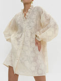 ADVBRIDGE  -  Flower Embroidery Mini Dress Women Ruffle V Neck Single Breasted Long Sleeve Dresses Summer Elegant Casual Loose A-line Vestidos