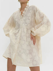 ADVBRIDGE  -  Flower Embroidery Mini Dress Women Ruffle V Neck Single Breasted Long Sleeve Dresses Summer Elegant Casual Loose A-line Vestidos