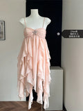 Advbridge -  Fashion New Women Vacations Pleated Suspender Vestidos Solid Color Irregular Ruffle Design Female Dress Vintage Cozy Chic