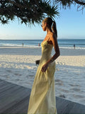 ADVBRIDGE  -  Fashion Solid V Neck Robes Chic Pleated Sleeveless Off Shoulder Puffy Long Dress New Women's Summer Vaction Beach Vestidos 2025