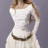 Advbridge Y2k Aesthetic Cotton Tshirts Women All Match Tees Lace Patch Sexy Grunge Print T Shirt Long Sleeve Crop Top 2025 Fairy Clothes