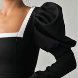 Advbridge Spring Autumn Waist Slim Female Dress Sexy Women Puff Sleeve Ruffles Dresses French Lady  Square Collar Pleat Party Dress