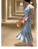 Advbridge Elegant Evening Party Midi Dresses for Women Summer French Vintage Halter Print Mermaid Slim Female Clothes Blue Dress Robe