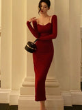 Advbridge Elegant Red Bodycon Midi Dresses for Women Chain Square Collar Long Sleeves Slim Autumn New Fashion Slit Party Dress Prom Robe