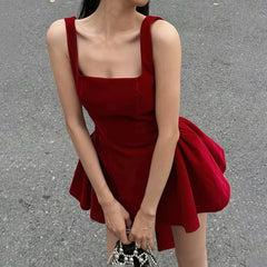 Advbridge V Line Big Bow Backless Red Short Dress Square Collar Elegant Women Sleeveless Mini Dresses Summer A-line Dress Cute