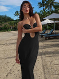 Advbridge Metal Button Strapless Backless Long Dress Women Fashion Hollow Out Off-shoulder Sleeveless Bodycon Party Midi Dress