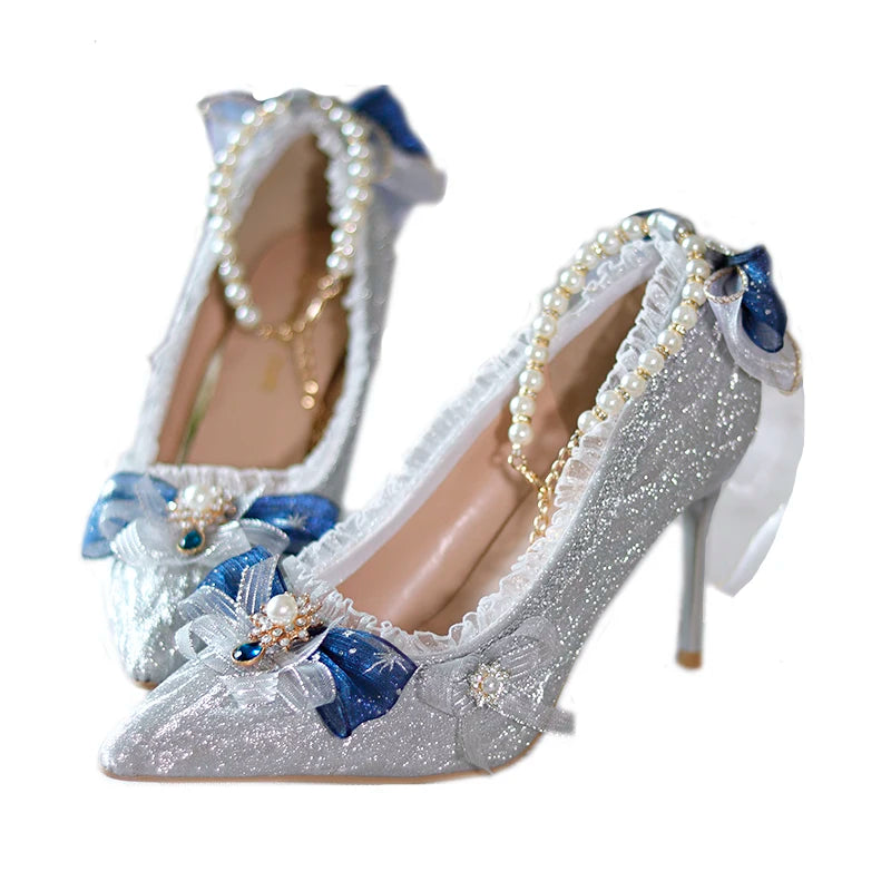 Advbridge Lolita High Heels Sweet Lolita Shoes Shiny Pointed High Heels Flower Wedding Silver Blue Sandals Heels Adult Gift For Daughter