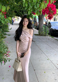 ADVBRIDGE  -  French Elegant Chic Women's Dresses Solid Satin Inclined Shoulder Pleated Slim Wasit Mermaid Dress Party Prom Female Clothes New