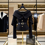 Advbridge Chic Black Short Jacket Women's 2025 Autumn New Letter Belt Top Lady High-end Shoulder Outwear Single-breasted Clothing Coat Y2K