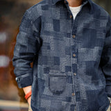 Advbridge Maden Japanese Retro Boro Denim Shirts for Men Jacquard Patchwork Long-Sleeve Button Down Shirt Jacket Oversize Spring Outerwear