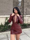 Advbridge Chic Burgundy Women's Deep V-neck Leather Mini Dress Elegant Long Sleeved Slim Fit High Waist Dresses Lady 2024 High Streetwear