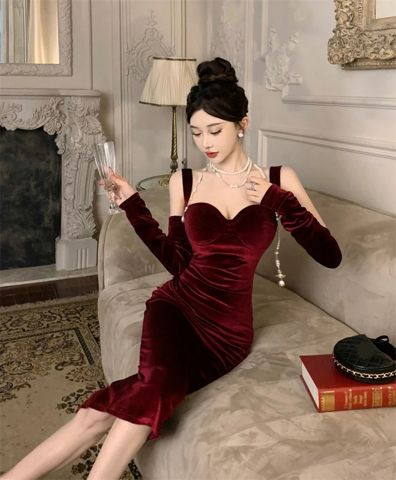 Advbridge -  Sweet Hot Girl Retro Sexy Velvet Strap Dress for Women Autumn and Winter Square Collar Split Mermaid Wrap Hip Long Evening Dress