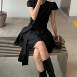 ADVBRIDGE  -  Women Korean A-Line Dress with ‌Belted Tie‌ Gray Crew Neck Short Sleeve Casual Short Dresses Minimalist Streetwear