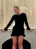 Advbridge 2024 Chic Black Spliced Feathers Women's Mini Dress Elegant Round Collar Long Sleeve Slim Dresses Ladies Fashion Party Prom Gown