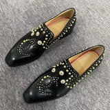 Advbridge Black Genuine Leather Shoes Men Luxury Beaded Rivets Loafers Slip On Flats Dress Shoes Men's Party And Wedding Shoes