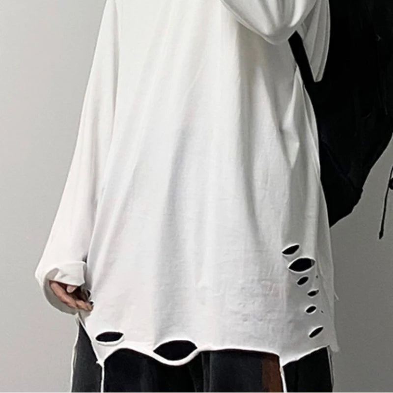Advbridge Long Sleeve T-shirts Men Solid Loose Distressed Hole Spring Autumn High Street Broken O-neck American Style Teenagers Youthful