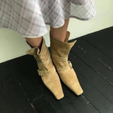 ADVBRIDGE  -  Short Boots Women Autumn/winter Genuine Leather Suede Square Toe Womens Shoes Two in One Foldable Thick Heel Midsole Boots Woman