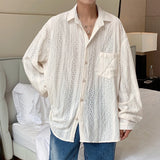 Advbridge Shirts for Men Hollow Out Lapel Men Blouse Vacation Sexy Handsome Fashion Men Clothing Mesh Long-sleeved Shirts Black/Apricot