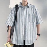 ADVBRIDGE  -  Men's Vertical Stripe Color-Block Lapel Loose-Fit Short Sleeve Shirt - Casual Breathable Top, Trendy Summer Style, Relaxed Fit