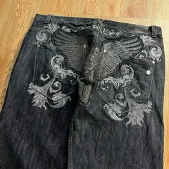 Advbridge 2024 New American Retro Skull Wings Embroidered Baggy Jeans Men And Women Y2K Harajuku Hip-hop Gothic Wide Trousers Streetwear