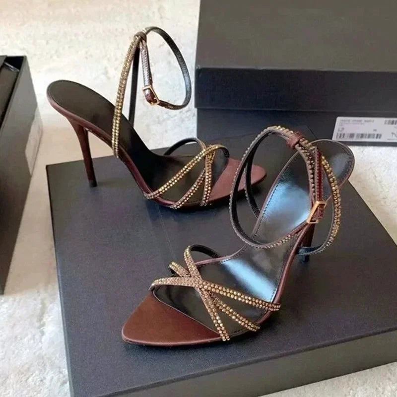 ADVBRIDGE  -  Sexy Pointed Toe High Heels Women Luxury Rhinestone Satin Design Cross-Strap Heeled Sandals Summer Elegant Banquet Dress Shoes