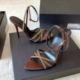 ADVBRIDGE  -  Sexy Pointed Toe High Heels Women Luxury Rhinestone Satin Design Cross-Strap Heeled Sandals Summer Elegant Banquet Dress Shoes